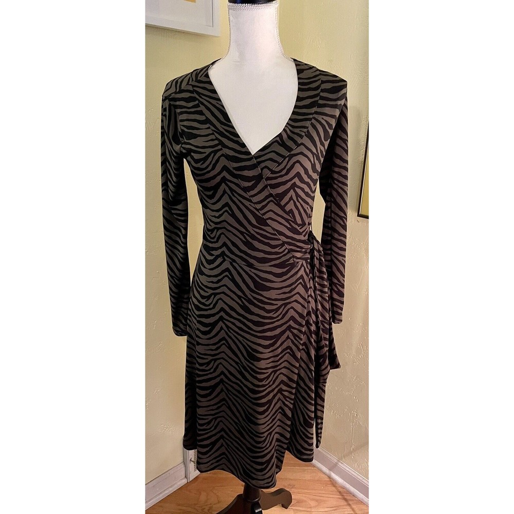NWT Banana Republic Olive Green & Black Zebra Print Stretch Wrap Dress Size XS
